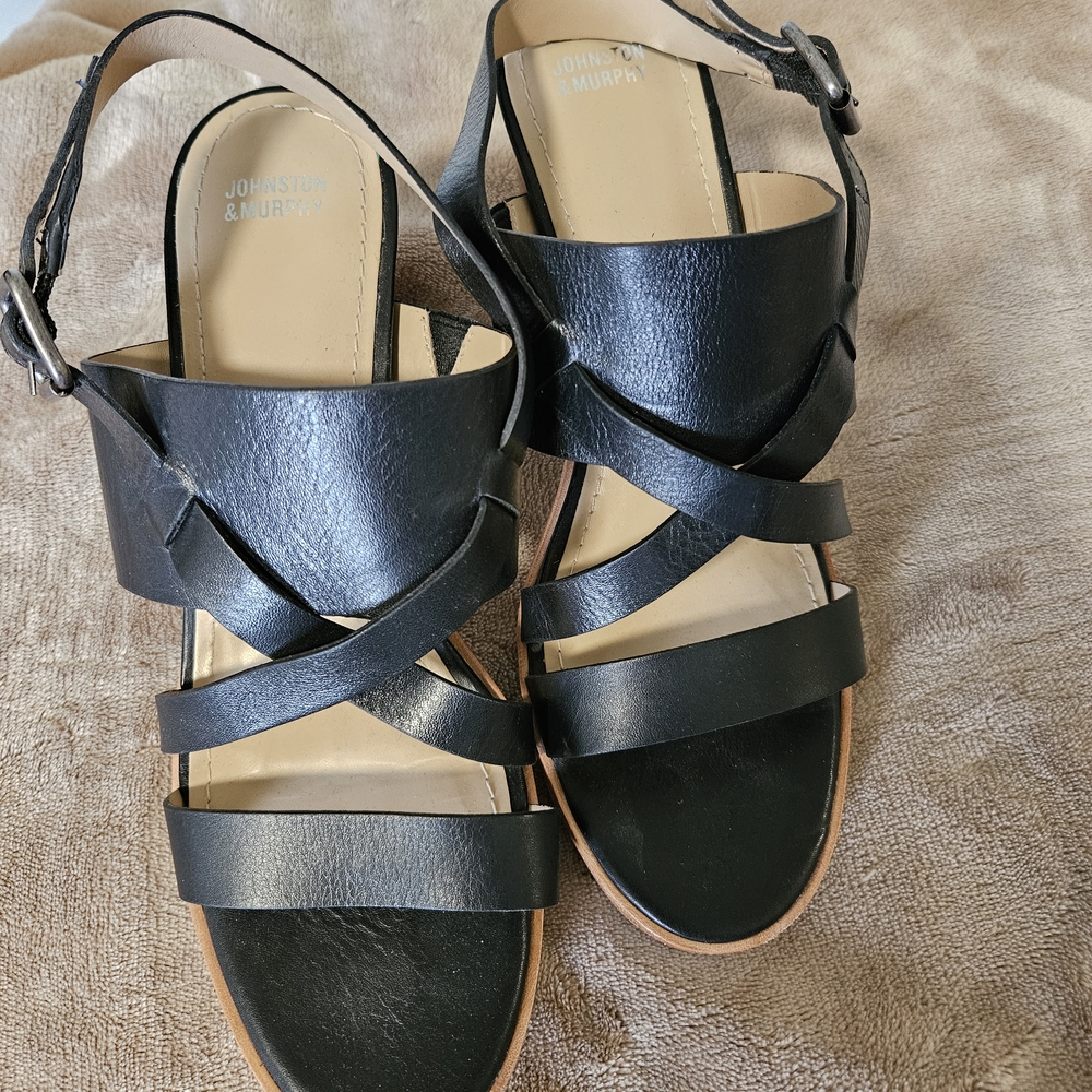 Johnston & Murphy Black Leather Sandals with Buckle Closure